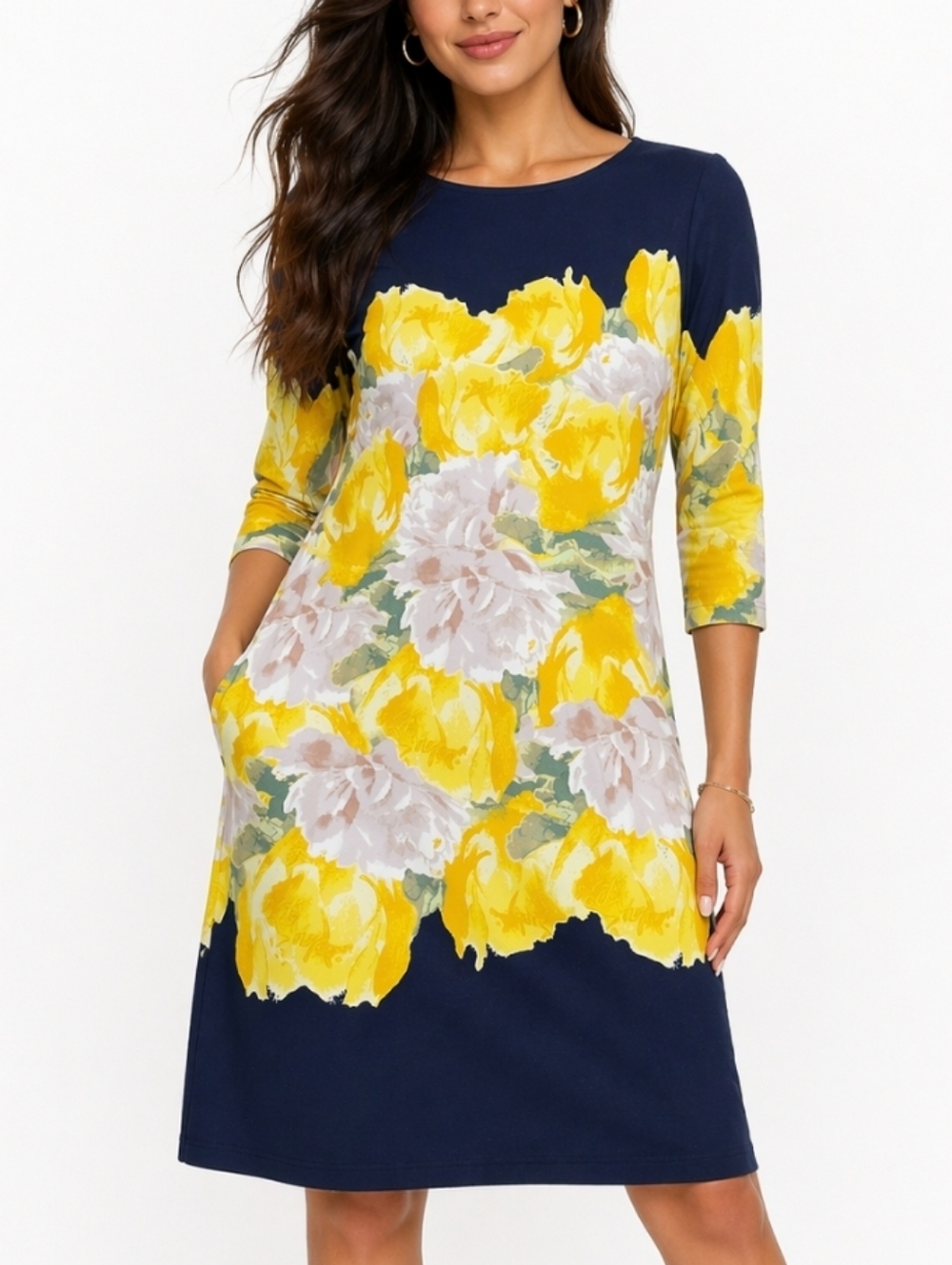 Charter Club Petite Navy & Yellow Floral Shift Dress (Petite :Large)